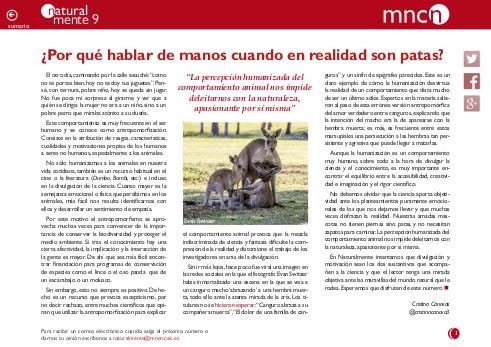Portada del artículo "¿Por qué hablar de manos cuando en realidad son patas?" de la revista NaturalMente nº 9
